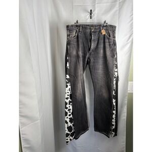 Custom Cow Print Gusset Jeans Black Denim High Rise Wide Leg Womens 37x30